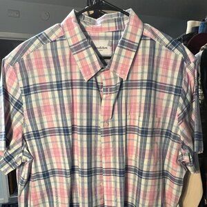 Goodfellow Navy & Pink Plaid Slim-Fit Cotton Blend Short-Sleeve Button-Up SZ XXL